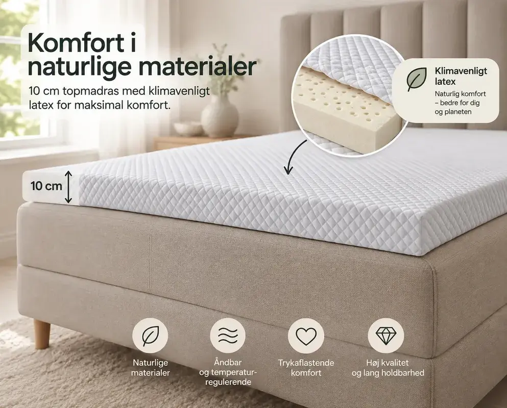 Grafik fra butikken af en 10 cm topmadras med gennemskåret latexkerne og overskriften Komfort i naturlige materialer